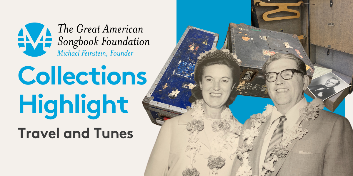 The Great American Songbook Foundation Collections Highlight, Travel and Tunes. Three images of beat up traveling trunks owned by Sammy Davis Jr., the inside of Bing Crosby's personal traveling case and Meredith Willson and his wife Rosemary on vacation.