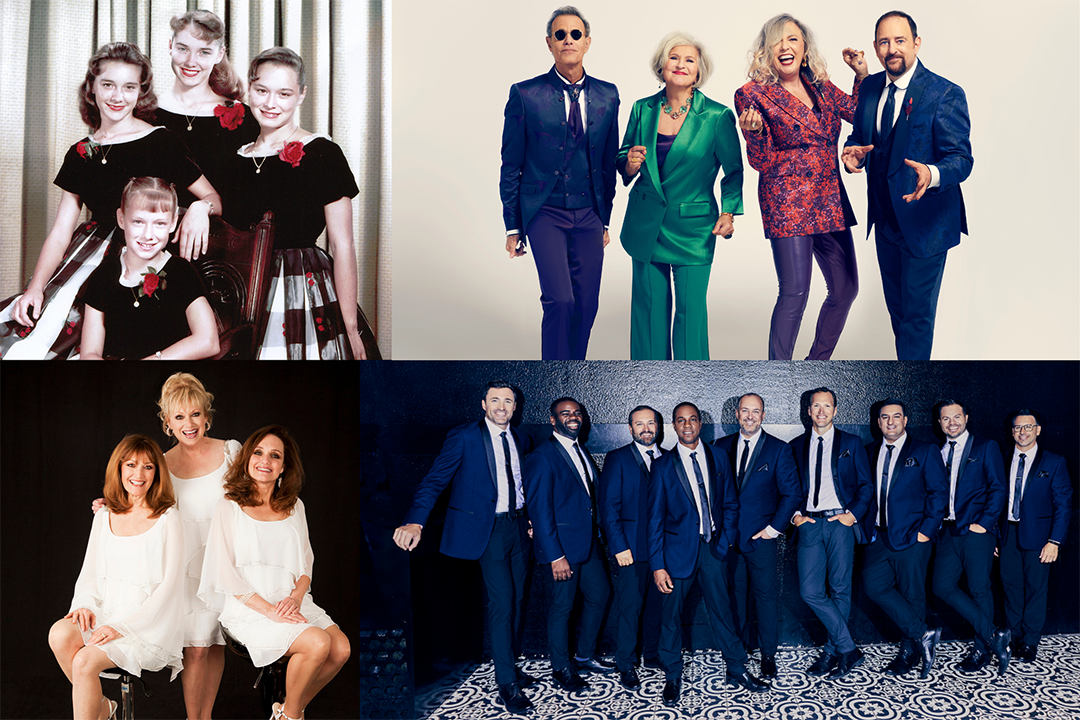 A photo montage includes images of vocal groups The Lennon Sisters, The Manhattan Transfer and Straight No Chaser.