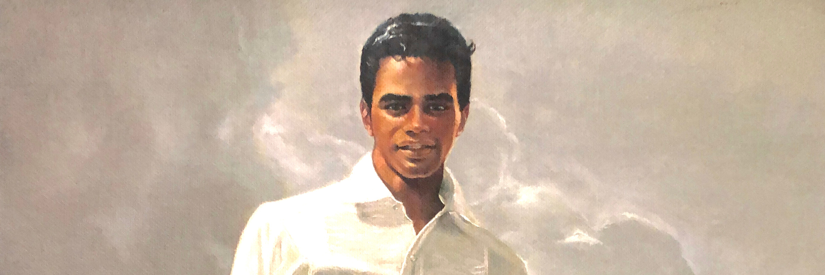A painting of Johnny Mathis against the clouds in a heavenly white suit.