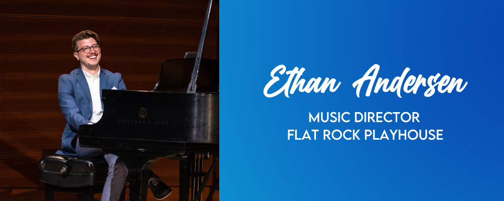 Ethan Anderson, music director Flat Rock Playhouse. Ethan is a white man with glasses and a mustache at a piano.