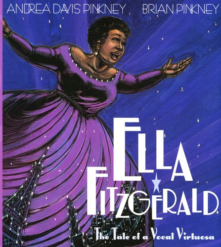 Ella Fitzgerald: The Tale of a Vocal Virtuosa. An illustration of Ella singing in a large purple gown.