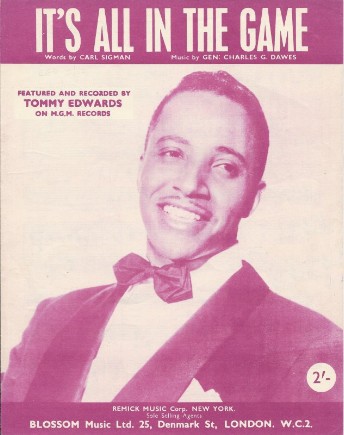 "It's All in the Game" sheet music with a picture of Tommy Edwards.