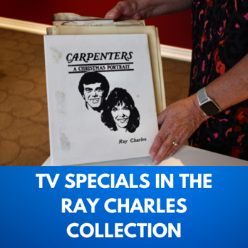 T.V. Specials in the Ray Charles Collection. A person holds a white production binder featuring the Carpenters A Christmas Portrait graphic.