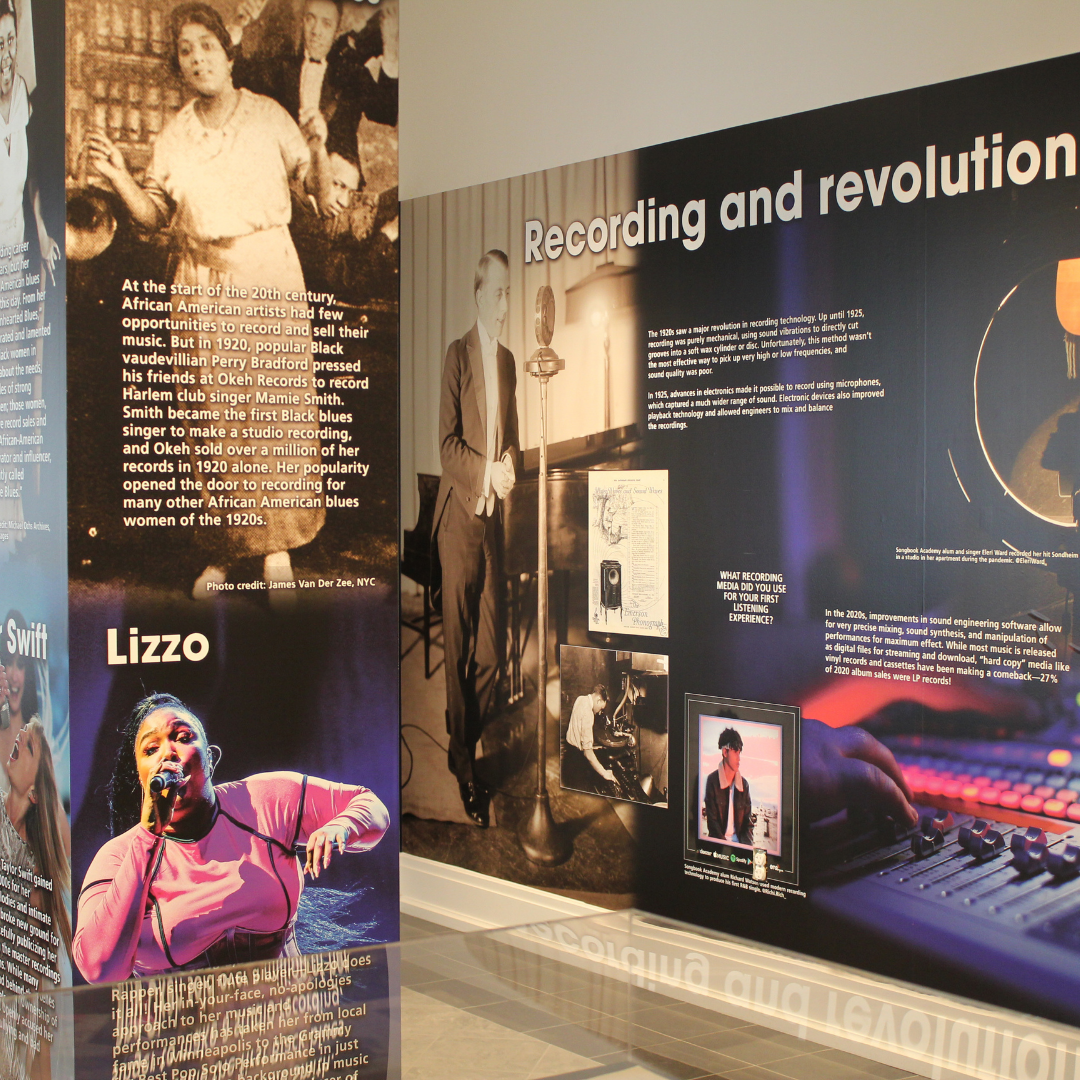 Panels from the Songbook Foundation's From the Jazz Age to Streaming exhibit featuring photos of Mamie Smith and Lizzo and exhibit text about recording and revolution.