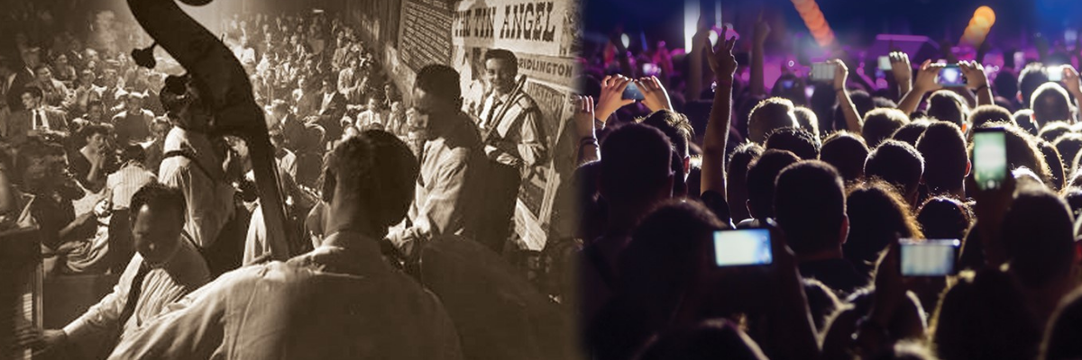 1920s scene featuring instrumentalists playing for a crowded speak easy vs. a 2020s scene featuring concert goers raising their arms and filming the stage with their mobile devices