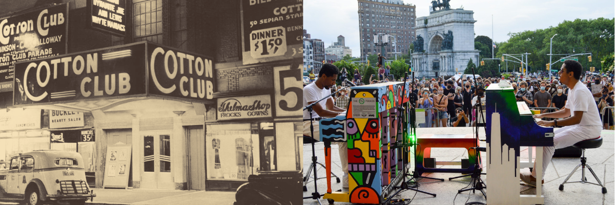 The marquis of the Cotton Club in New York with 1920s era cars parked on the street contrasting a 2020s scene featuring John Batiste playing a vibrant painted piano in front of an outdoor crowd. Some people in the crowd are wearing masks.