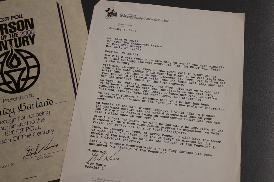 An official letter from the Walt Disney company to Liza Minnelli stating that Judy Garland had been chosen as the Epcot Person of the Century.