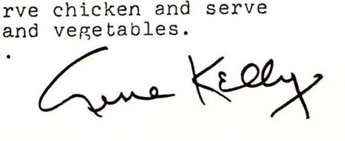 Gene Kelly's signature under typewriter text about chicken and vegetables.