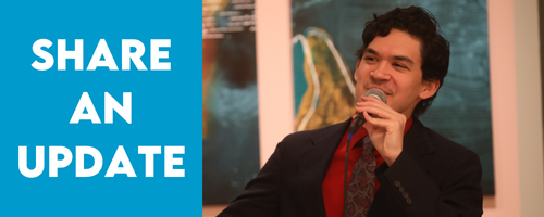 Image link that says "Share An Update". An image in the background shows Songbook Academy alum Peter Fulton singing into a microphone.