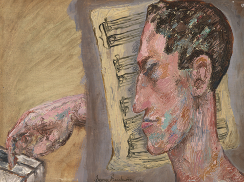 A 1924 self-portrait by George Gershwin, featuring a close-up of his face in profile, eyes closed, with his hand playing piano keys and sheet music visible in the background. The artwork is done in a contemporary modernist style with muted tones.