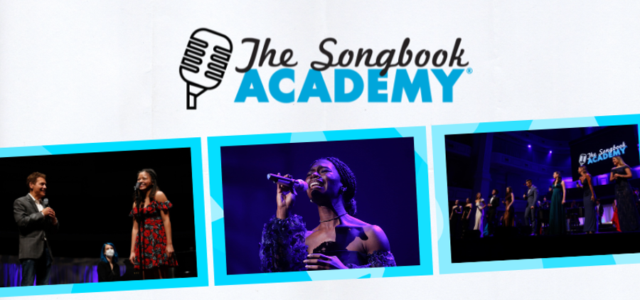 The Songbook Academy. Three photos from the Songbook Academy events. Michael Feinstein works with a student in a floral dress. A young Black woman with braids sings in purple lighting and a group of young singers stand in a line and sing.