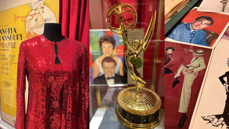 A variety of vibrant colorful artifacts including a red beaded gown, Emmy Award, and various archival photos of Tony Martin and Cyd Charisse.
