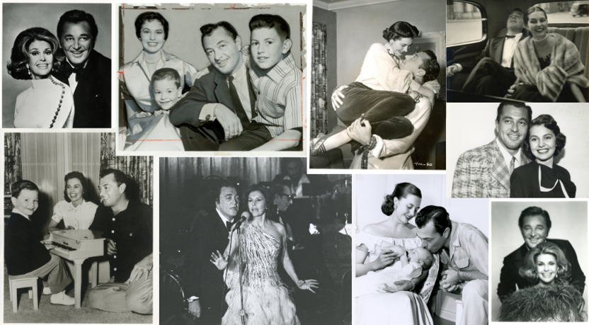 Collage of black-and-white photographs showing Cyd Charisse and Tony Martin together across different moments in their lives — formal studio portraits, family photos with their children, affectionate candid poses, and performance images — highlighting their relationship onstage and at home.