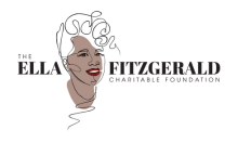 The Ella Fitzgerald Charitable Foundation. A pencil outline of smiling Ella Fitzgerald with a bold red lip and brown shading around her face.